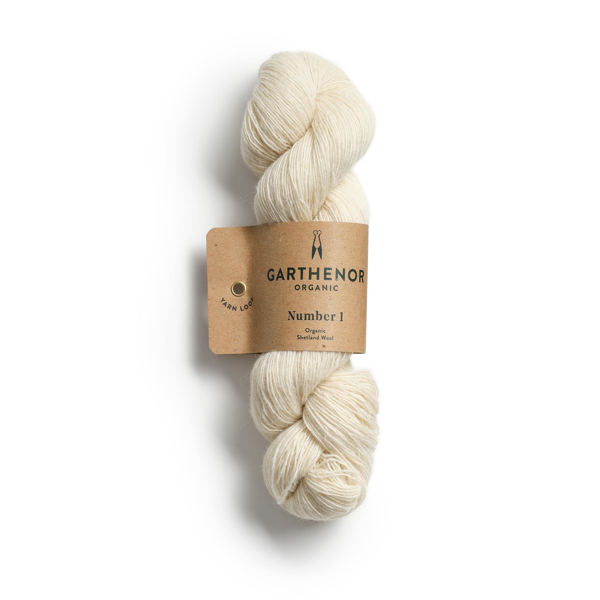 Close-up of Garthenor Organic’s Number 1 (Previous Spin) laceweight yarn in Chalk – an undyed, pale cream Shetland wool.