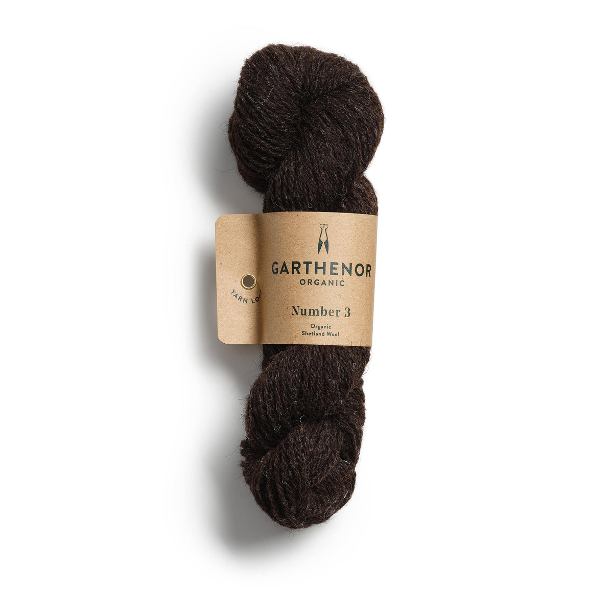 Garthenor Organic Number 3 (Previous Spin) DK yarn in Chalkboard – an undyed dark brown Shetland wool, shown on a white background.