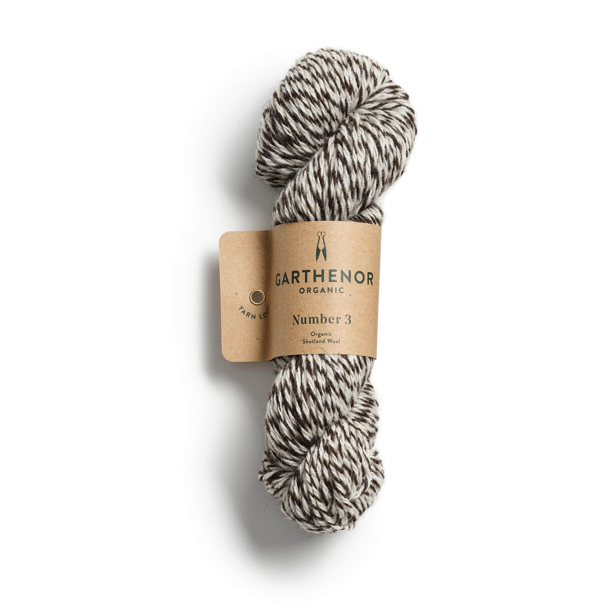 Garthenor Organic Number 3 (Previous Spin) DK yarn in Wagtail – a natural marl of cream and dark brown Shetland wool, shown on a white background.